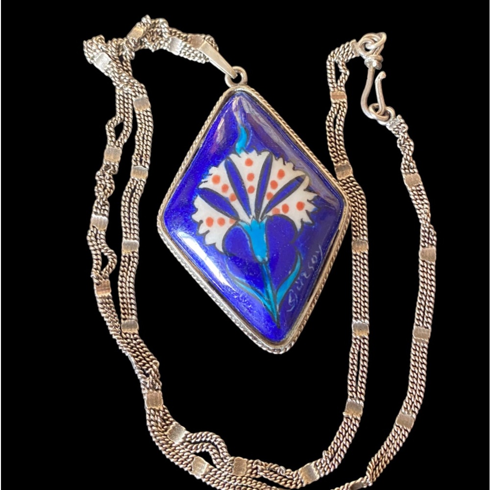 Vintage Hand Painted Turkish Ceramic Pendant Set in Sterling Bezel W/ 925 Chain